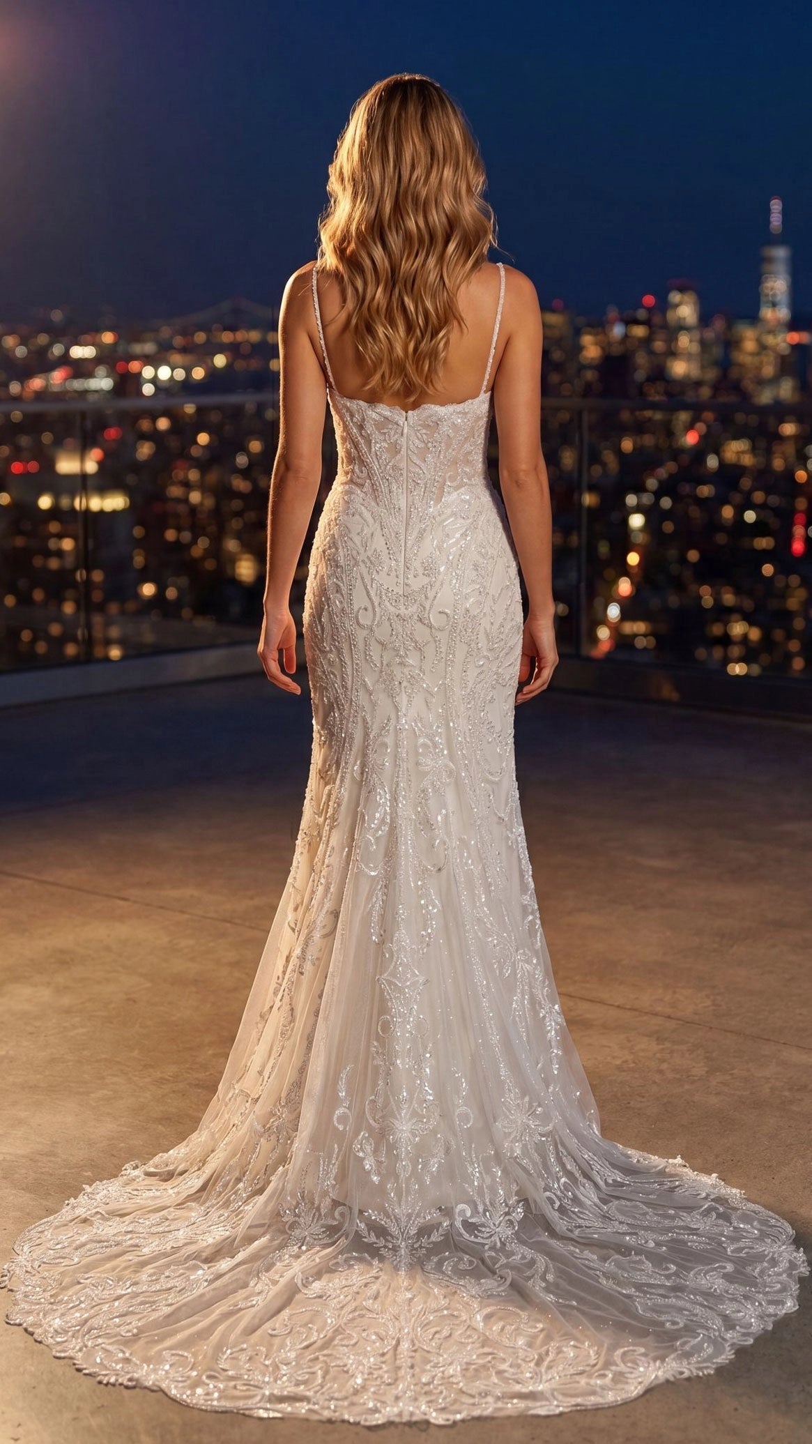 Vedress beaded mermaid wedding dress back view, low scoop back with covered buttons and chapel train, rooftop bridal gown